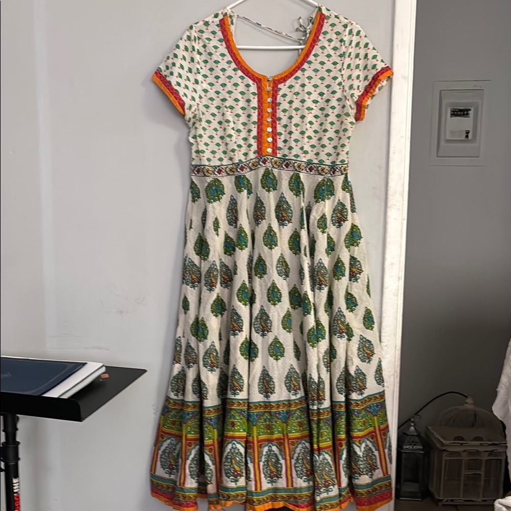Biba Cream and Orange Cuffed Sleeve Maxi Sundress